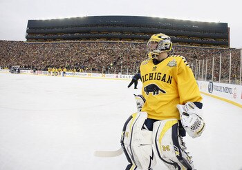 ANN ARBOR, MI - DECEMBER 11:  Shawn Hunwick #31 of the Michigan Wolverines looks on during a time out while playing the Michigan State Spartans at Michigan Stadium on December 11, 2010 in Ann Arbor, Michigan.  (Photo by Gregory Shamus/Getty Images)