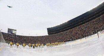 ANN ARBOR, MI - DECEMBER 11: A stelth bommer flies overhead prior to the Michigan Wolverines and Michigan State Spartans playing a outdoor hockey game at Michigan Stadium on December 11, 2010 in Ann Arbor, Michigan.  (Photo by Gregory Shamus/Getty Images)