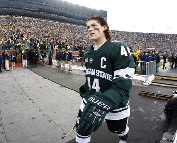 ANN ARBOR, MI - DECEMBER 11: Torey Krug #44 of the Michigan State Spartans heads to the ice prior to playing the Michigan Wolverines at Michigan Stadium on December 11, 2010 in Ann Arbor, Michigan.  (Photo by Gregory Shamus/Getty Images)