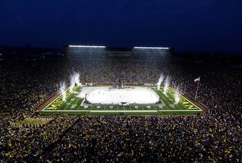 ANN ARBOR, MI - DECEMBER 11: Fireworks go off after a third period Michigan Wolverines goal during the Big Chill game against the Michigan State Spartans at Michigan Stadium on December 11, 2010 in Ann Arbor, Michigan.  (Photo by Leon Halip/Getty Images)