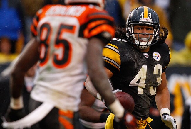 PITTSBURGH - DECEMBER 12:  Troy Polamalu #43 of the Pittsburgh Steelers intercepts a pass from Carson Palmer #9 of the Cincinnati Bengals during the game on December 12, 2010 at Heinz Field in Pittsburgh, Pennsylvania.  (Photo by Jared Wickerham/Getty Ima