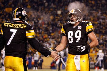 PITTSBURGH - JANUARY 11:  (L-R) Ben Roethlisberger #7 and Matt Spaeth #89 of the Pittsburgh Steelers celebrate after Heath Miller #83 scored a 8-yard touchdown reception in the third quarter against the San Diego Chargers during their AFC Divisional Playo