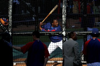 ARLINGTON, TX - NOVEMBER 01:  Vladimir Guerrero #27 of the Texas Rangers takes batting practice against the San Francisco Giants in Game Five of the 2010 MLB World Series at Rangers Ballpark in Arlington on November 1, 2010 in Arlington, Texas.  (Photo by