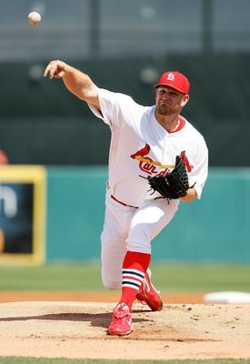 JUPITER, FL - MARCH 10:  Starting pitcher Brad Penny #33 of the St Louis Cardinals pitches against the Washington Nationals at Roger Dean Stadium on March 10, 2010 in Jupiter, Florida.  (Photo by Doug Benc/Getty Images)