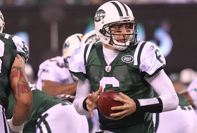 EAST RUTHERFORD, NJ - DECEMBER 12:  Mark Sanchez #6 of the New York Jets against the Miami Dolphins at New Meadowlands Stadium on December 12, 2010 in East Rutherford, New Jersey.  (Photo by Nick Laham/Getty Images)