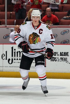 ANAHEIM, CA - NOVEMBER 26:  Jonathan Toews #19 of the Chicago Blackhawks skates prior to the start of the game against the Anaheim Ducks at the Honda Center on November 26, 2010 in Anaheim, California.  (Photo by Jeff Gross/Getty Images)