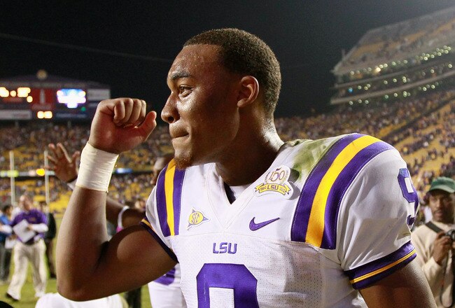 BATON ROUGE, LA - NOVEMBER 20:  Quarterback Jordan Jefferson #9 of the Louisiana State University Tigers reacts after their 43-36 win over the Ole Miss Rebels at Tiger Stadium on November 20, 2010 in Baton Rouge, Louisiana.  (Photo by Kevin C. Cox/Getty I