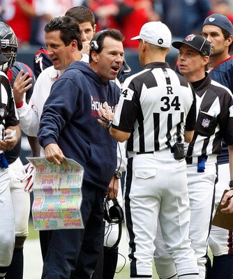 HOUSTON - NOVEMBER 28:  Head coach Gary Kubiak of the Houston Texans argues with referee Clete Blakeman in the fourth quarter at Reliant Stadium on November 28, 2010 in Houston, Texas.  (Photo by Bob Levey/Getty Images)