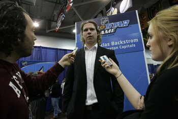 ATLANTA - JANUARY 25:  Eastern Conference Youngstar Nicklas Backstrom of the Washington Capitals answers questions during the Coaches and Youngstars Media Availability as part of the 2008 NHL All-Star weekend at Philips Arena on January 25, 2008 in Atlant