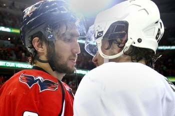 WASHINGTON - MAY 13:  Alex Ovechkin #8 of the Washington Capitals and Sidney Crosby #87 of the Pittsburgh Penguins shake hands after Pittsburgh's 6-2 victory in Game Seven of the Eastern Conference Semifinal  Round of the 2009 Stanley Cup Playoffs at Veri