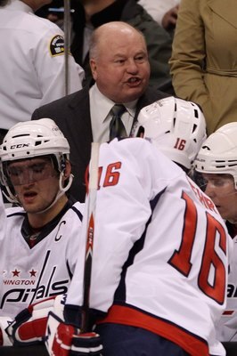 BOSTON - OCTOBER 21:  Head coach Bruce Boudreau of the Washington Capitals instructs his team against the Boston Bruins at the TD Garden on October 21, 2010 in Boston, Massachusetts.  The Bruins won 4-1.  (Photo by Bruce Bennett/Getty Images)