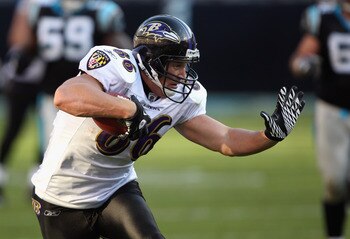 CHARLOTTE, NC - NOVEMBER 21:  Todd Heap #86 of the Baltimore Ravens against the Carolina Panthers at Bank of America Stadium on November 21, 2010 in Charlotte, North Carolina.  (Photo by Streeter Lecka/Getty Images)
