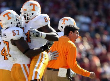 COLUMBIA, SC - OCTOBER 30:  Head coach Derek Dooley of the Tennessee Volunteers watches on against the South Carolina Gamecocks during their game at Williams-Brice Stadium on October 30, 2010 in Columbia, South Carolina.  (Photo by Streeter Lecka/Getty Im