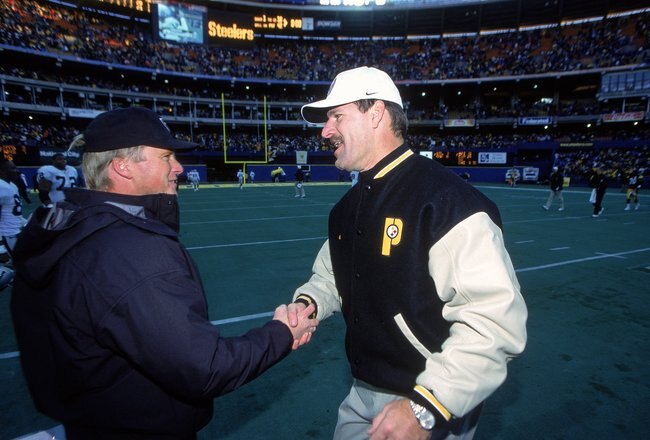 3 Dec 2000:  Head Coach Bill Cowher of the Pittsburgh Steelers shakes hands with Head Coach Jon Gruden of the Oakland Raiders at the Three Rivers Stadium in Pittsburgh, Pennsylvania. The Steelers defeated the Raiders 21-20.Mandatory Credit: Tom Pidgeon  /