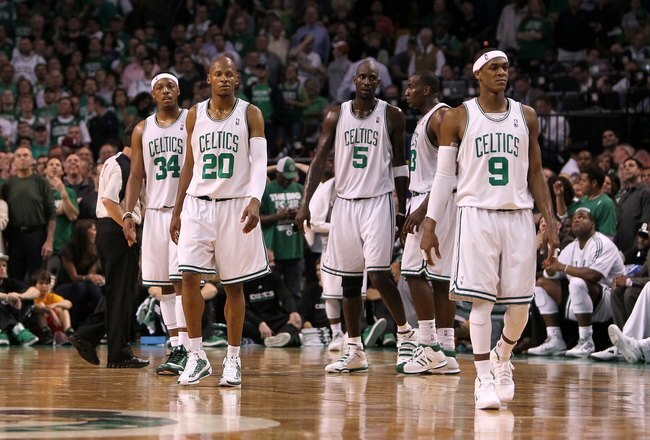 BOSTON - MAY 28:  (L-R) Paul Pierce #34, Ray Allen #20, Kevin Garnett #5 and Rajon Rondo #9 of the Boston Celtics look on against the Orlando Magic in Game Six of the Eastern Conference Finals during the 2010 NBA Playoffs at TD Garden on May 28, 2010 in B