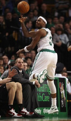 BOSTON - DECEMBER 01:  Paul Pierce #34 of the Boston Celtics keeps the ball in bounds in the fourth quarter against the Portland Trailblazers on December 1, 2010 at the TD Garden in Boston, Massachusetts. The Celtics defeated the Trailblazers 99-95. NOTE