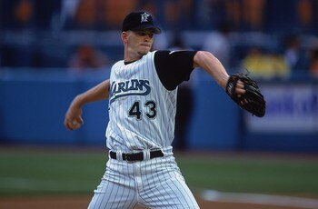 3 Jun 2001:  A.J. Burnett #43 of the Florida Marlins winds up during the game against the New York Mets at the Pro Players Stadium in Miami, Florida.  The Marlins defeated the Mets 1-0.Mandatory Credit: Eliot Schechter  /Allsport