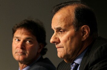 NEW YORK - SEPTEMBER 20:  Former New York Yankees manager Joe Torre (R) and former player Don Mattingly speak to the media prior to the game against the Tampa Bay Rays on September 20, 2010 at Yankee Stadium in the Bronx borough of New York City.  (Photo