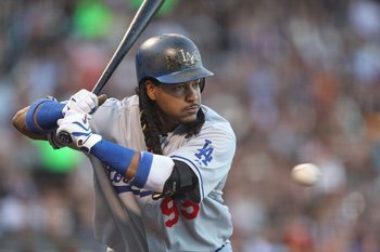 SAN FRANCISCO - JUNE 28:  Manny Ramirez #99 of the Los Angeles Dodgers in action against the San Francisco Giants during an MLB game at AT&T Park on June 28, 2010 in San Francisco, California.  (Photo by Jed Jacobsohn/Getty Images)