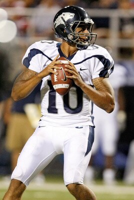 LAS VEGAS - OCTOBER 02:  Quarterback Colin Kaepernick #10 of the Nevada Reno Wolf Pack looks to pass against the  UNLV Rebels in the third quarter of their game at Sam Boyd Stadium October 2, 2010 in Las Vegas, Nevada. Nevada Reno won 44-26.  (Photo by Et
