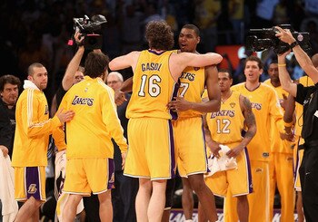 LOS ANGELES, CA - JUNE 17:  Pau Gasol #16 and Andrew Bynum #17 of the Los Angeles Lakers celebrate in the final moments of the Lakers victory over the Boston Celtics in Game Seven of the 2010 NBA Finals at Staples Center on June 17, 2010 in Los Angeles, C
