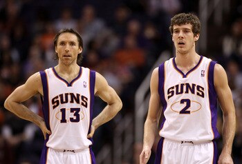 Steve Nash with Goran Dragic--perhaps the Suns' future lead point guard