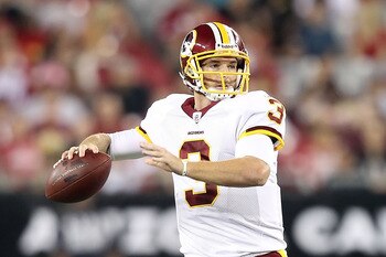 GLENDALE, AZ - SEPTEMBER 02:  Quarterback John Beck #3 of the Washington Redskins drops back to pass during the preseason NFL game against the Arizona Cardinals at the University of Phoenix Stadium on September 2, 2010 in Glendale, Arizona.  The Cardinals