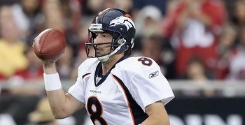 GLENDALE, AZ - DECEMBER 12:  Quarterback Kyle Orton #8 of the Denver Broncos drops back to pass during the NFL game against the Arizona Cardinals at the University of Phoenix Stadium on December 12, 2010 in Glendale, Arizona.  The Cardinals defeated the B