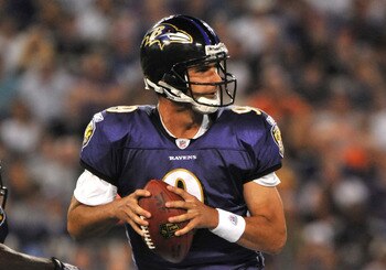 BALTIMORE - AUGUST 28:  Marc Bulger #9 of the Baltimore Ravens passes against the New York Giants in a preseason game at M&T Bank Stadium on August 28, 2010 in Baltimore, Maryland. The Ravens defeated the Giants 24-10. (Photo by Larry French/Getty Images)