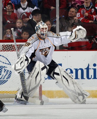 NEWARK, NJ - DECEMBER 17: Anders Lindback #39 of the Nashville Predators skates against the New Jersey Devils at the Prudential Center on December 17, 2010 in Newark, New Jersey.  (Photo by Bruce Bennett/Getty Images)