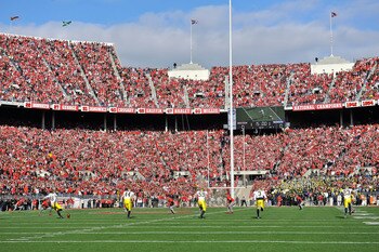 COLUMBUS, OH - NOVEMBER 27:  The Michigan Wolverines kick off to the Ohio State Buckeyes at Ohio Stadium on November 27, 2010 in Columbus, Ohio.  (Photo by Jamie Sabau/Getty Images)