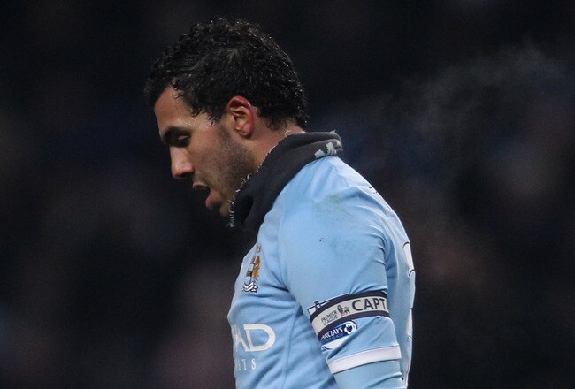 MANCHESTER, ENGLAND - DECEMBER 20:  Carlos Tevez of Manchester City looks dejected during the Barclays Premier League match between Manchester City and Everton at City of Manchester Stadium on December 20, 2010 in Manchester, England.  (Photo by Alex Live