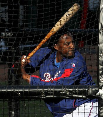 ARLINGTON, TX - NOVEMBER 01: Vladimir Guerrero #27 of the Texas Rangers takes batting practice against the San Francisco Giants in Game Five of the 2010 MLB World Series at Rangers Ballpark in Arlington on November 1, 2010 in Arlington, Texas.  (Photo by