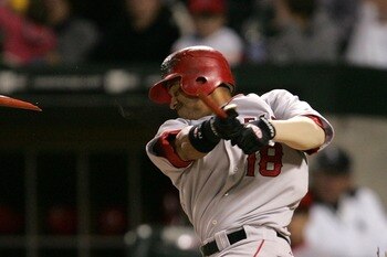 CHICAGO - SEPTEMBER 15:  Orlando Cabera #18 of the Los Angeles Angels of Anaheim breaks his bat while batting in the top of the fourth inning against Jon Garland #20 of the Chicago White Sox at U.S. Cellular Field on September 15, 2007 in Chicago, Illinoi
