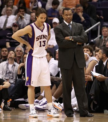 PHOENIX - DECEMBER 15:  Steve Nash #13 and head coach Alvin Gentry of the Phoenix Suns during the NBA game against the Minnesota Timberwolves at US Airways Center on December 15, 2010 in Phoenix, Arizona. NOTE TO USER: User expressly acknowledges and agre