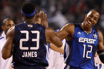 ARLINGTON, TX - FEBRUARY 14:  Dwight Howard #12 and LeBron James #23 of the Eastern Conference celebrate their 141-139 vicotry over the Western Conference during the NBA All-Star Game, part of 2010 NBA All-Star Weekend at Cowboys Stadium on February 14, 2