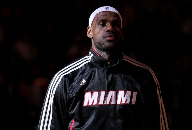 MIAMI, FL - DECEMBER 04:  LeBron James #6 of the Miami Heat looks on  during pregame against the Atlanta Hawks at American Airlines Arena on December 4, 2010 in Miami, Florida. NOTE TO USER: User expressly acknowledges and agrees that, by downloading and/