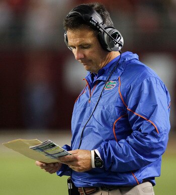 TUSCALOOSA, AL - OCTOBER 02:  Head coach Urban Meyer of the Florida Gators against the Alabama Crimson Tide at Bryant-Denny Stadium on October 2, 2010 in Tuscaloosa, Alabama.  (Photo by Kevin C. Cox/Getty Images)