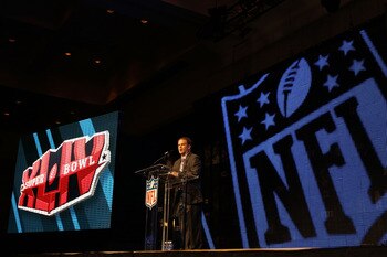 FORT LAUDERDALE, FL - FEBRUARY 04:  Brian McCarthy, VP of Corporate Communications for the NFL, speaks to members of the media during the Pregame Show and National Anthem Press Conference held at the Fort Lauderdale Convention Center as part of media week
