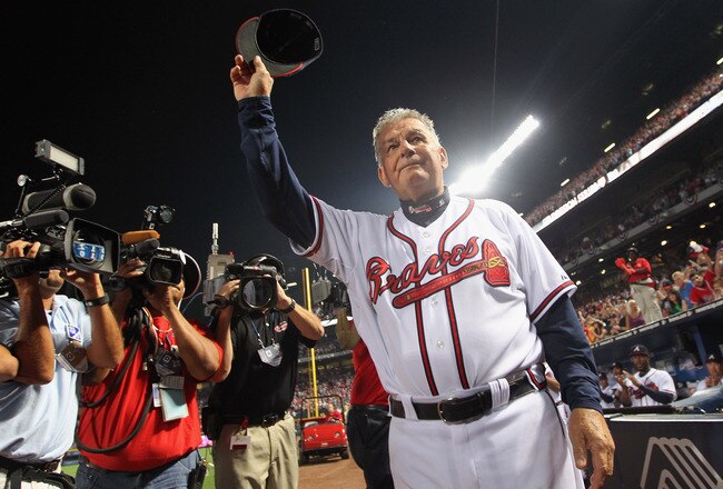 ATLANTA - OCTOBER 11:  Manager Bobby Cox #6 of the Atlanta Braves waves to the crowd after the Braves were defeated by the San Francisco Giants 3-2 during Game Four of the NLDS of the 2010 MLB Playoffs on October 11, 2010  at Turner Field in Atlanta, Geor