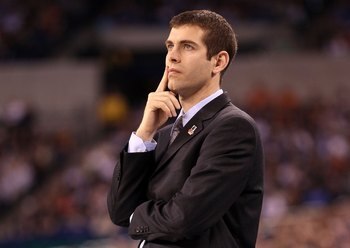 INDIANAPOLIS - APRIL 05:  Head coach Brad Stevens of the Butler Bulldogs looks on in the first half while taking on the Duke Blue Devils during the 2010 NCAA Division I Men's Basketball National Championship game at Lucas Oil Stadium on April 5, 2010 in I