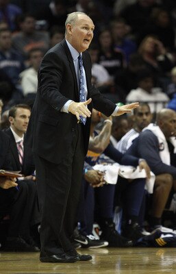 CHARLOTTE, NC - DECEMBER 07:  Head coach George Karl of the Denver Nuggets talks to his team from the sidelines against the Charlotte Bobcats during their game at Time Warner Cable Arena on December 7, 2010 in Charlotte, North Carolina.  NOTE TO USER: Use