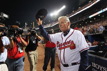 ATLANTA - OCTOBER 11:  Manager Bobby Cox #6 of the Atlanta Braves waves to the crowd after the Braves were defeated by the San Francisco Giants 3-2 during Game Four of the NLDS of the 2010 MLB Playoffs on October 11, 2010  at Turner Field in Atlanta, Geor