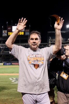 ARLINGTON, TX - NOVEMBER 01:  Manager Bruce Bochy of the San Francisco Giants celebrates after the Giants won 3-1 against the Texas Rangers in Game Five of the 2010 MLB World Series at Rangers Ballpark in Arlington on November 1, 2010 in Arlington, Texas.