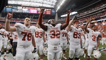 HOUSTON - SEPTEMBER 04:  Texas Longhorns David Snow #78, Traylon Shead #32, Greg Smith #83 and DeSean Hales #3 celebrate their 34-17 win over the Rice Owls at Reliant Stadium on September 4, 2010 in Houston, Texas.  (Photo by Bob Levey/Getty Images)