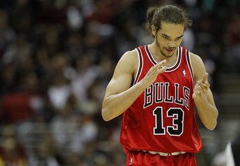 CLEVELAND - APRIL 19:  Joakim Noah #13  of the Chicago Bulls reacts after making a first quarter basket against the Cleveland Cavaliers in Game Two of the Eastern Conference Quarterfinals during the 2010 NBA Playoffs at Quicken Loans Arena on April 19, 20