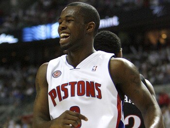AUBURN HILLS, MI - APRIL 23:  Rodney Stuckey #3 of the Detroit Pistons smiles after a fourth quarter basket against the Philadelphia 76ers in Game Two of the Eastern Conference Quarterfinals during the 2008 NBA Playoffs at the Palace of Auburn Hills on Ap