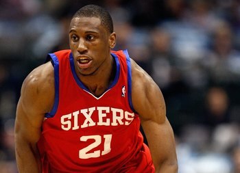 DALLAS - NOVEMBER 30:  Forward Thaddeus Young #21 of the Philadelphia 76ers on November 30, 2009 at American Airlines Center in Dallas, Texas.  NOTE TO USER: User expressly acknowledges and agrees that, by downloading and/or using this Photograph, user is