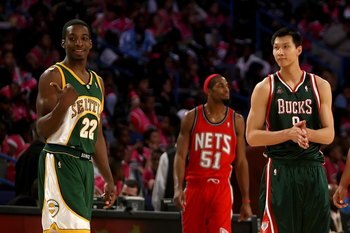NEW ORLEANS - FEBRUARY 15:  (L-R) Jeff Green #22, Sean Williams #51, Yi Jianlian #9, Jamario Moon #33 and Juan Carlos Navarro #2 of the Rookie team stand on the court during the T-Mobile Rookie Challenge & Youth Jam part of 2008 NBA All-Star Weekend at th