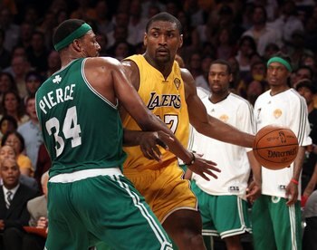 LOS ANGELES, CA - JUNE 17:  Ron Artest #37 of the Los Angeles Lakers drives on Paul Pierce #34 of the Boston Celtics in Game Seven of the 2010 NBA Finals at Staples Center on June 17, 2010 in Los Angeles, California.  NOTE TO USER: User expressly acknowle